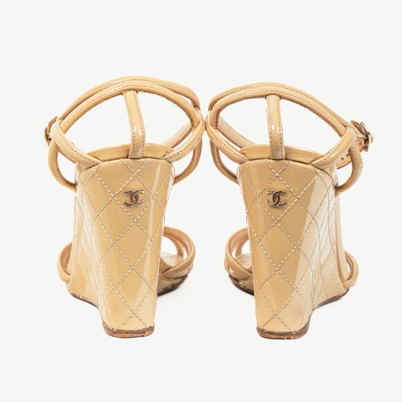 Chanel Beige Patent Leather Quilted-Wedge Sandals - Picture 1 of 10